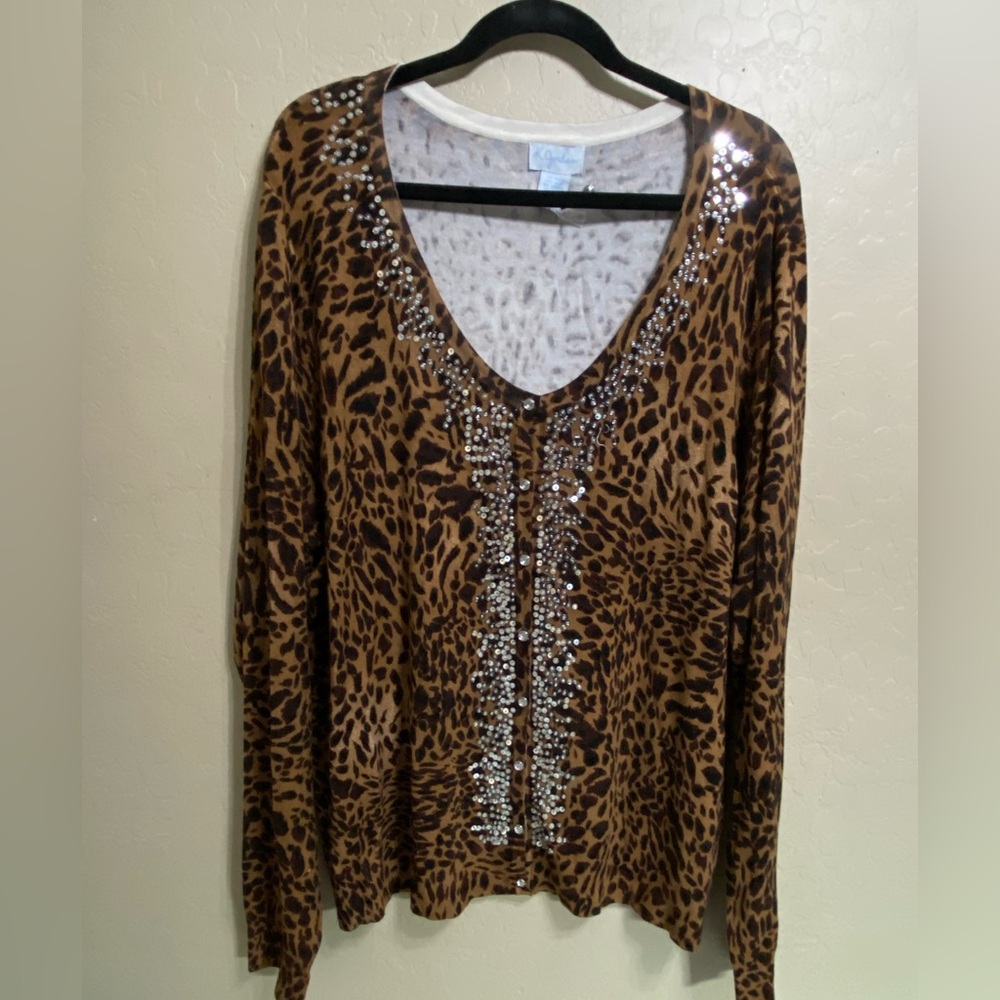 Brown Leopard Print Blouse with Silver and Rhinestone Accents
